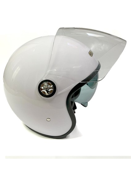 Motosiklet Yarım Kask Şeffaf Rüzgarlıklı, Siyah Güneşlikli, Ter Yapmayan Pedli, Çift Vizör