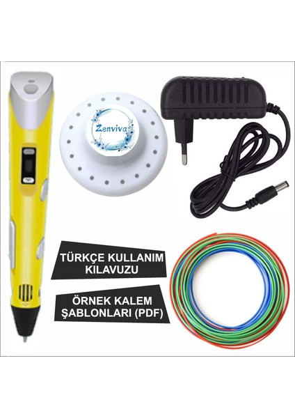 Sarı Renk 3D Kalem + 3 Renk Toplam 10 Metre Pla Filament + Şablon