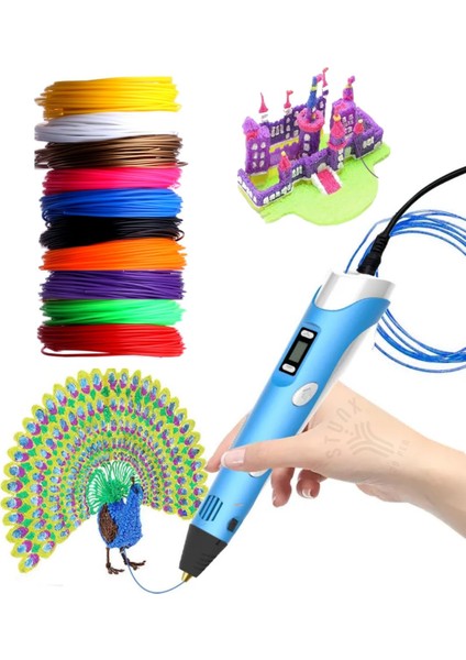 Sarı Renk 3D Kalem + 3 Renk Toplam 10 Metre Pla Filament + Şablon