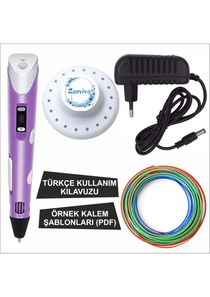 Pembe Renk 3D Kalem + 3 Renk Toplam 10 Metre Pla Filament + Şablon