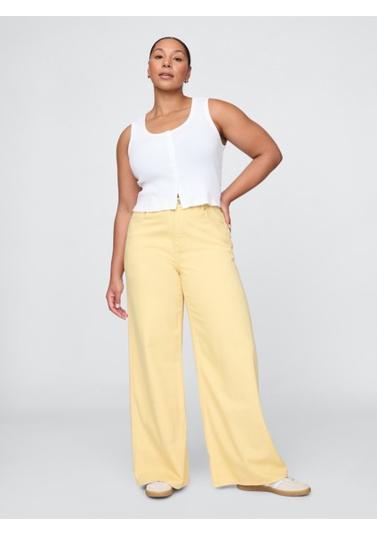 Kadın Sarı Mid Rise Ultrasoft Baggy Jean Pantolon fırsatları