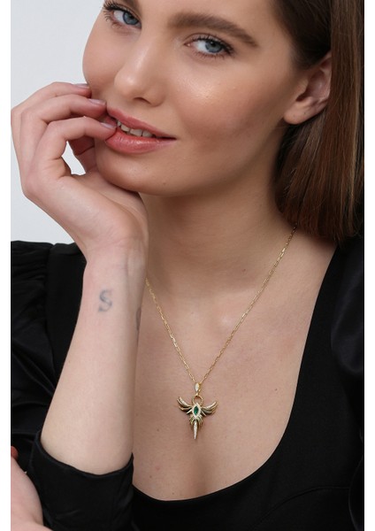 Kadın 925 Ayar Zümrüt Taşlı Anka Kuşu Kolye