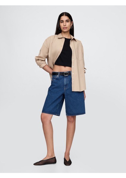 Kadın Mavi 11" Mid Rise Longline Denim Şort