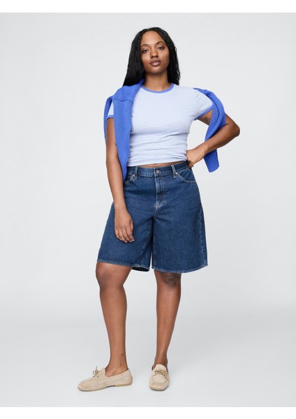 Kadın Mavi 11" Mid Rise Longline Denim Şort indirimleri