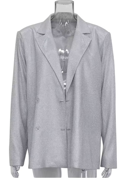 Uzun Büyük Boy Blazers, Rahat Glitter Ceket, Blasier Ceket Simli Kumaş, Oversize Kesim Simli Ceket