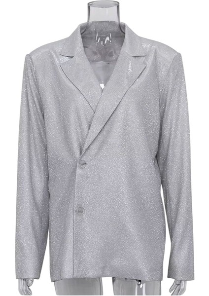 Uzun Büyük Boy Blazers, Rahat Glitter Ceket, Blasier Ceket Simli Kumaş, Oversize Kesim Simli Ceket