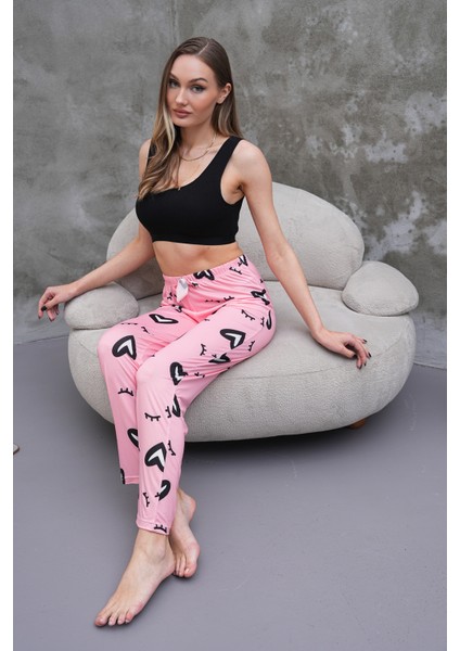 Kadın Yüksek Bel Baskılı Yumuşak Dokulu Milans Yazlık Pijama Altı Pembe