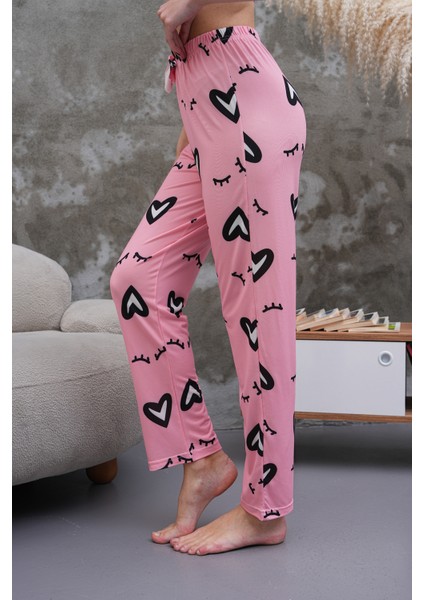 Kadın Yüksek Bel Baskılı Yumuşak Dokulu Milans Yazlık Pijama Altı Pembe