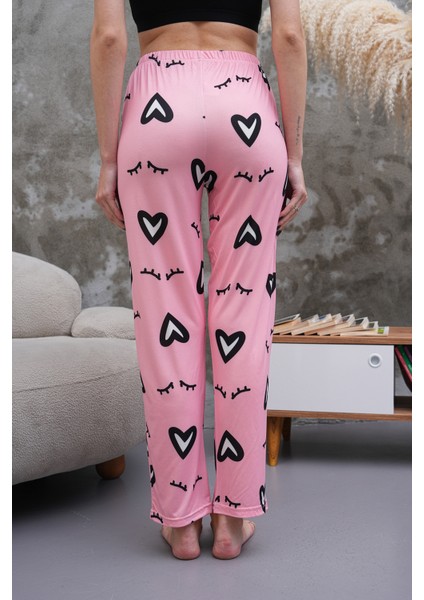 Kadın Yüksek Bel Baskılı Yumuşak Dokulu Milans Yazlık Pijama Altı Pembe