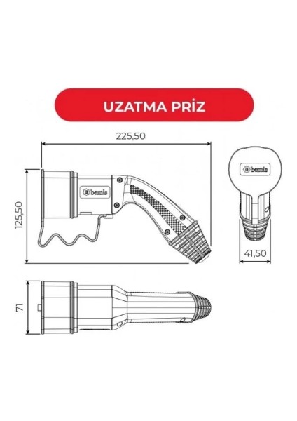 Elektrikli Araç Şarj Kablosu Priz + Fiş Seti - 5m Trifaze 32A-22 Kw Kablolu Şarj Seti