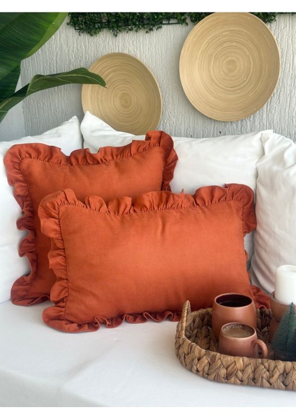 Vıntage Fırfırlı Kiremit Rengi Tarçın Kırlent Kılıfı 1 Adet