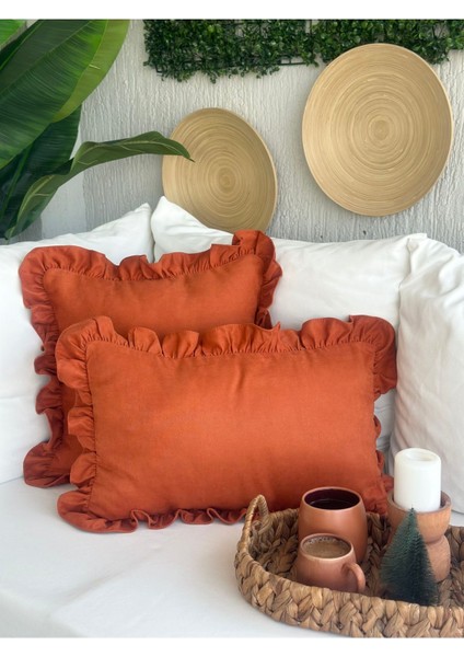 Vıntage Fırfırlı Kiremit Rengi Tarçın Kırlent Kılıfı 1 Adet fiyatları