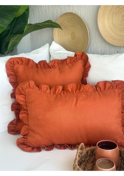 Vıntage Fırfırlı Kiremit Rengi Tarçın Kırlent Kılıfı 1 Adet indirimleri