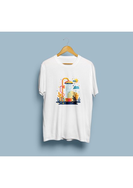 Oversize Duş Başlığı ve Güneş Tasarım Unisex T -Shirt