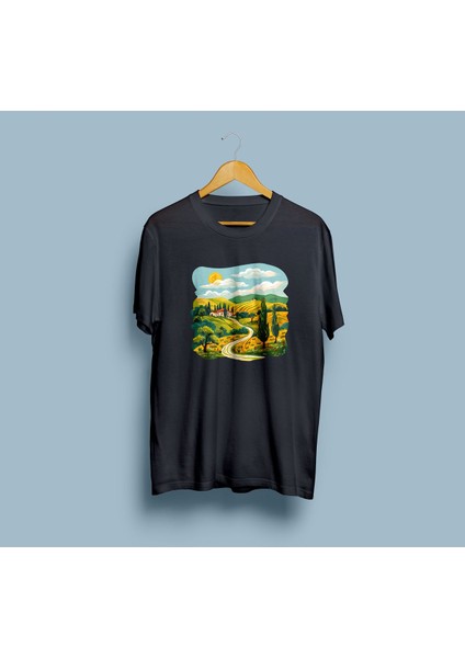Oversize Ev / Ağaç / Güneş ve Yol Çizim Eskitme Tasarım Unisex T-Shirt