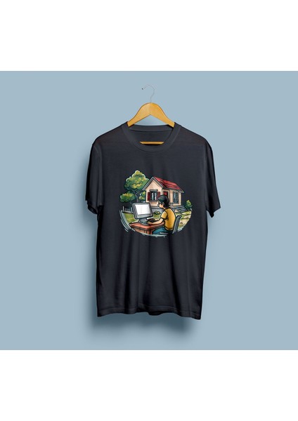 Oversize Yazılımcı Bilgisayar Ağaç ve Ev Tasarım Unisex T-Shirt