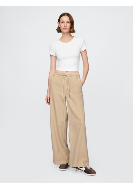 Kadın Bej Mid Rise Ultrasoft Easy Baggy Jean Pantolon