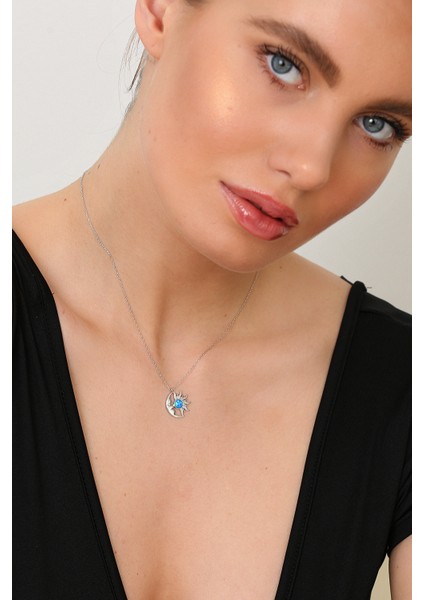 Kadın 925 Ayar Opal Taşlı Ay Kolye