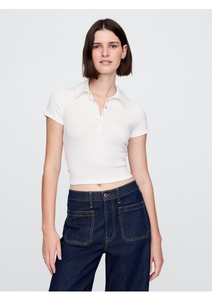 Kadın Beyaz Modern Fitilli Crop Polo Tişört