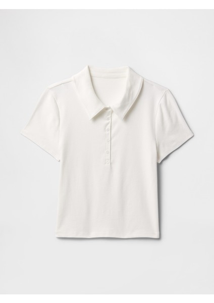 Kadın Beyaz Modern Fitilli Crop Polo Tişört