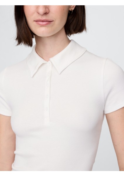 Kadın Beyaz Modern Fitilli Crop Polo Tişört