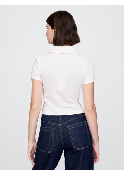 Kadın Beyaz Modern Fitilli Crop Polo Tişört