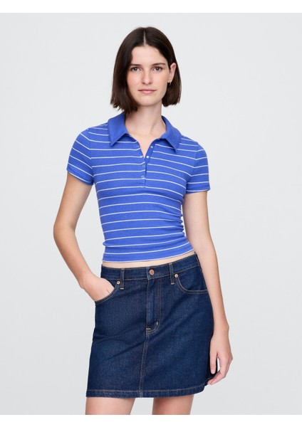 Kadın Koyu Mavi Modern Fitilli Crop Polo Tişört