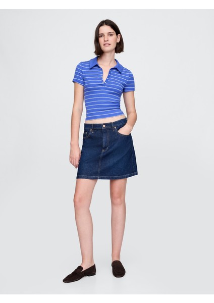 Kadın Koyu Mavi Modern Fitilli Crop Polo Tişört fırsatları