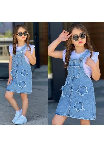 Kız Çocuk Yıldızları Üzerinde Taşıyan Kot Elbise Bluz+Salopet 2523