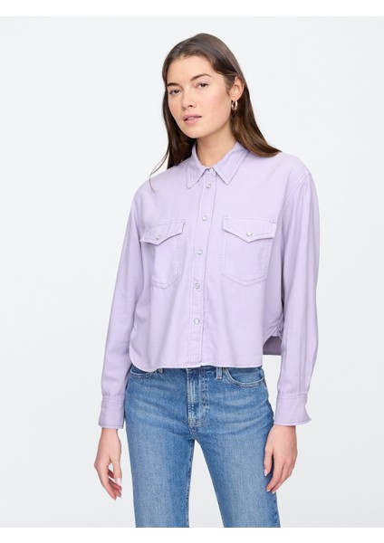 Kadın Lila Denim Western Gömlek