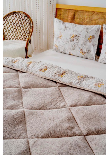Bej Kelebek Loura Çift Kişilik Çift Taraflı Lüx Wellsoft Yorgan Seti 195x215 cm