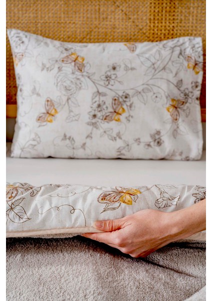 Bej Kelebek Loura Çift Kişilik Çift Taraflı Lüx Wellsoft Yorgan Seti 195x215 cm