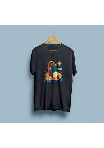 Oversize Duş Başlığı ve Güneş Tasarım Unisex T -Shirt