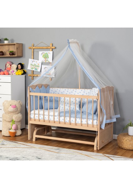 Ahşap Organik Beşik Anne Yanı Beşik 3 Kademeli Lüx Bebek Beşiği 60 x 120 cm - Mavi Prens Uyku Setli & Soft Yataklı