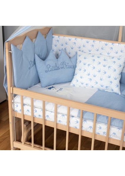 Ahşap Organik Beşik Anne Yanı Beşik 3 Kademeli Lüx Bebek Beşiği 60 x 120 cm - Mavi Prens Uyku Setli & Soft Yataklı