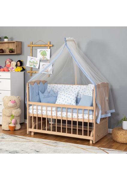 Ahşap Organik Beşik Anne Yanı Beşik 3 Kademeli Lüx Bebek Beşiği 60 x 120 cm - Mavi Prens Uyku Setli & Soft Yataklı