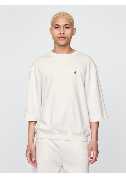 Erkek Bej Oversized Terry Bisiklet Yaka T-Shirt