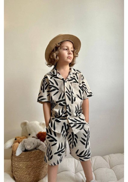 Erkek Çocuk Palmiye Desenli Cep Detaylı Keten Pamuk Şortlu Takım