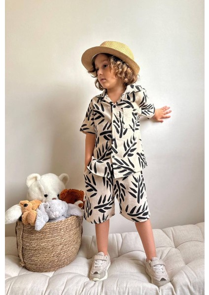 Erkek Çocuk Palmiye Desenli Cep Detaylı Keten Pamuk Şortlu Takım fiyatları
