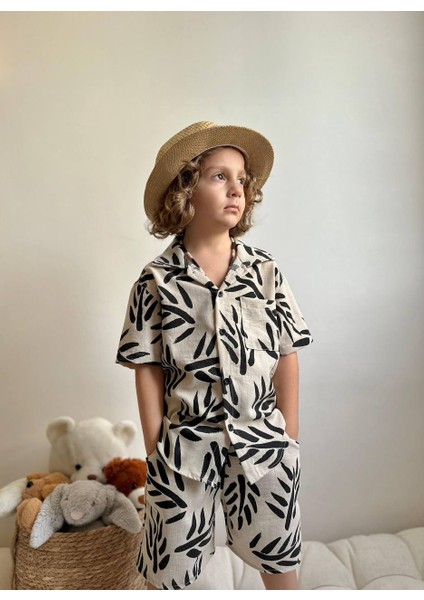 Erkek Çocuk Palmiye Desenli Cep Detaylı Keten Pamuk Şortlu Takım modelleri
