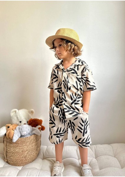 Erkek Çocuk Palmiye Desenli Cep Detaylı Keten Pamuk Şortlu Takım fırsatları