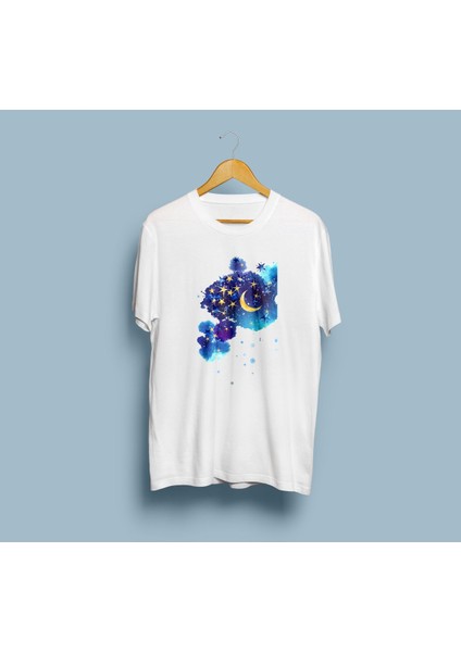 Oversize Gökyüzü Ay ve Yıldızlar Tasarım Unisex T-Shirt