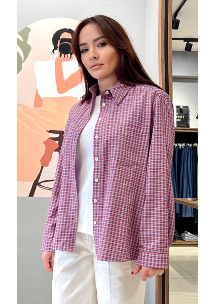 Oversize Geniş Kesim %100 Pamuk Kadın Kırmızı Piti Kareli Gömlek.
