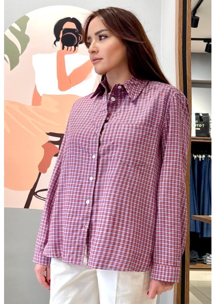 Oversize Geniş Kesim %100 Pamuk Kadın Kırmızı Piti Kareli Gömlek. fiyatları