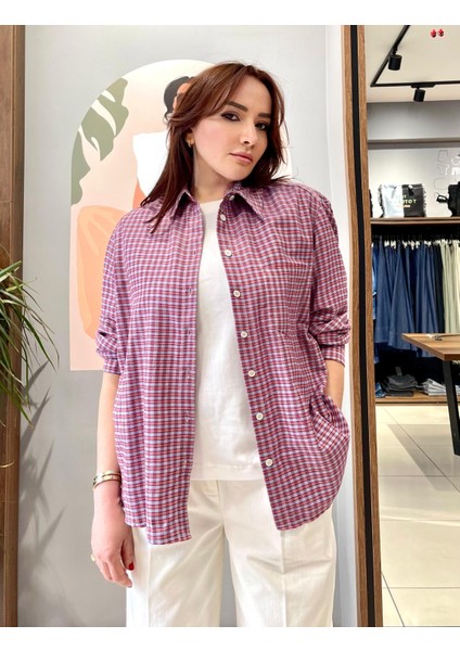 Oversize Geniş Kesim %100 Pamuk Kadın Kırmızı Piti Kareli Gömlek. fırsatları
