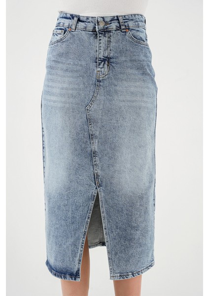 Kadın Yırtmaçlı Midi Kot Etek 8038 - Mavi fiyatları