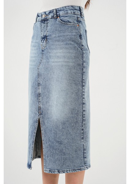 Kadın Yırtmaçlı Midi Kot Etek 8038 - Mavi fırsatları