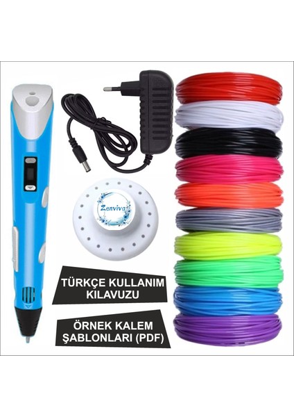 Mavi Renk 3D Kalem + 10 Renk Toplam 50 Metre Pla Filament + Şablon