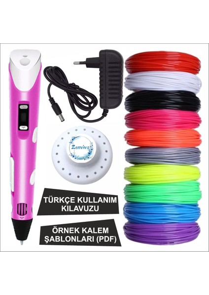 Pembe Renk 3D Kalem + 10 Renk Toplam 50 Metre Pla Filament + Şablon