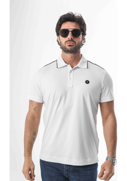 Polo Yaka Omzu Çizgili Armalı Düğmeli T-SHIRT-6275